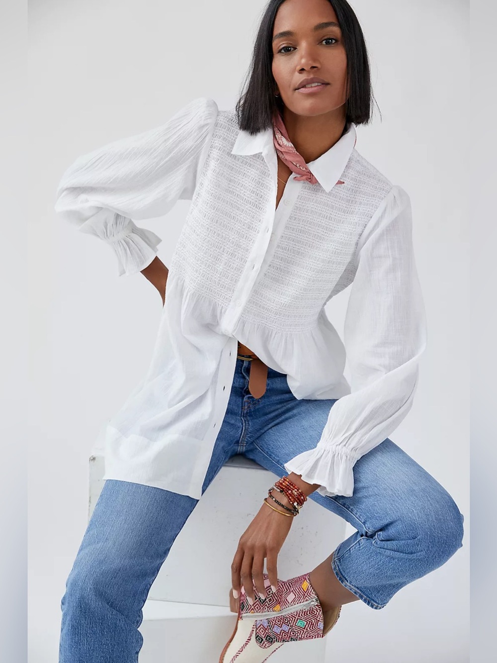 Anthropologie Maeve Smocked Tunic Buttondown XL